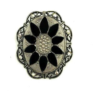 Vintage Robert Rose Black Glass Silver Tone Brooch Pendant  Signed